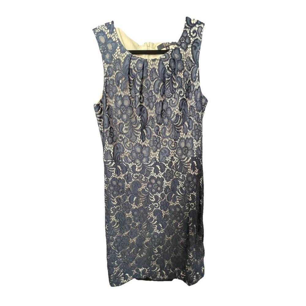 Alex Marie Navy Blue Lace Nude Lining Sheath Zip Back Dress Size 10